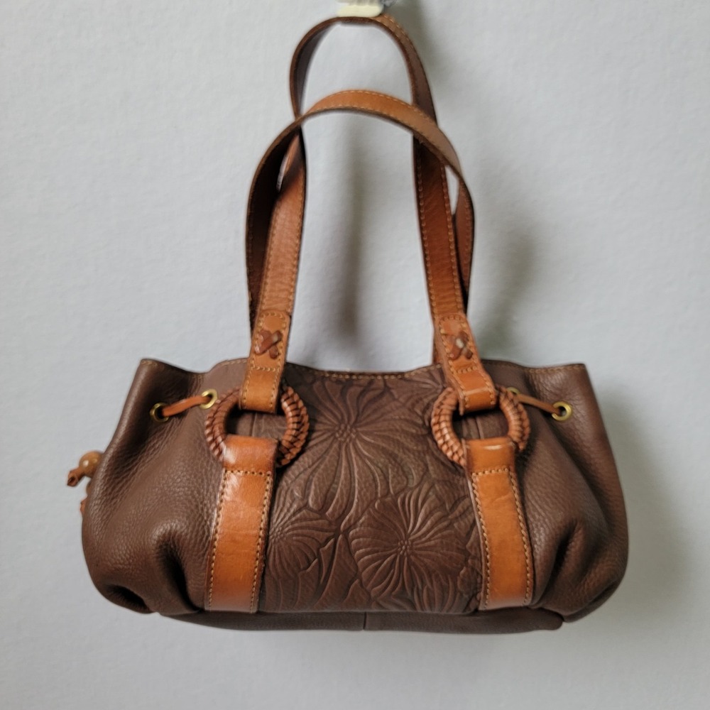 FOSSIL Vintage Boho Brown Leather Handbag Satchel – Floral Tooled Embossed...